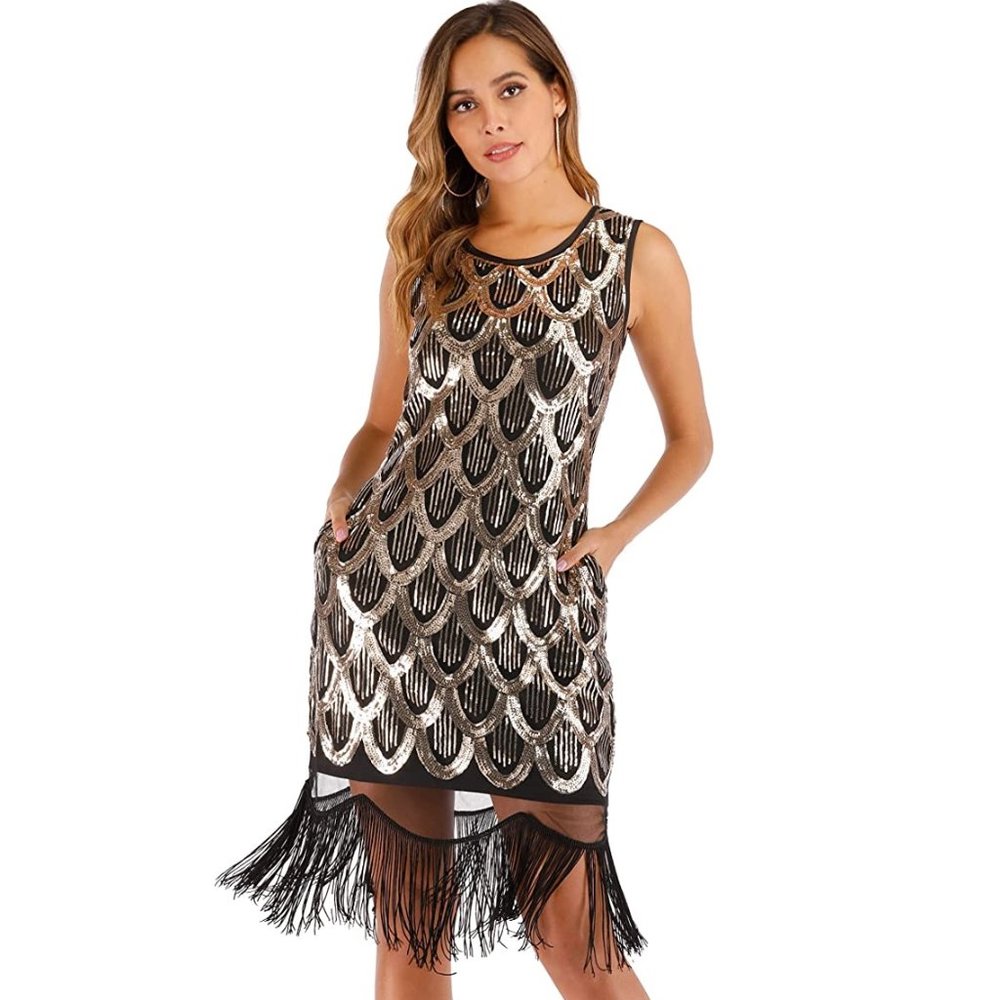 1920s flapper dress with accessories gold and black sequins